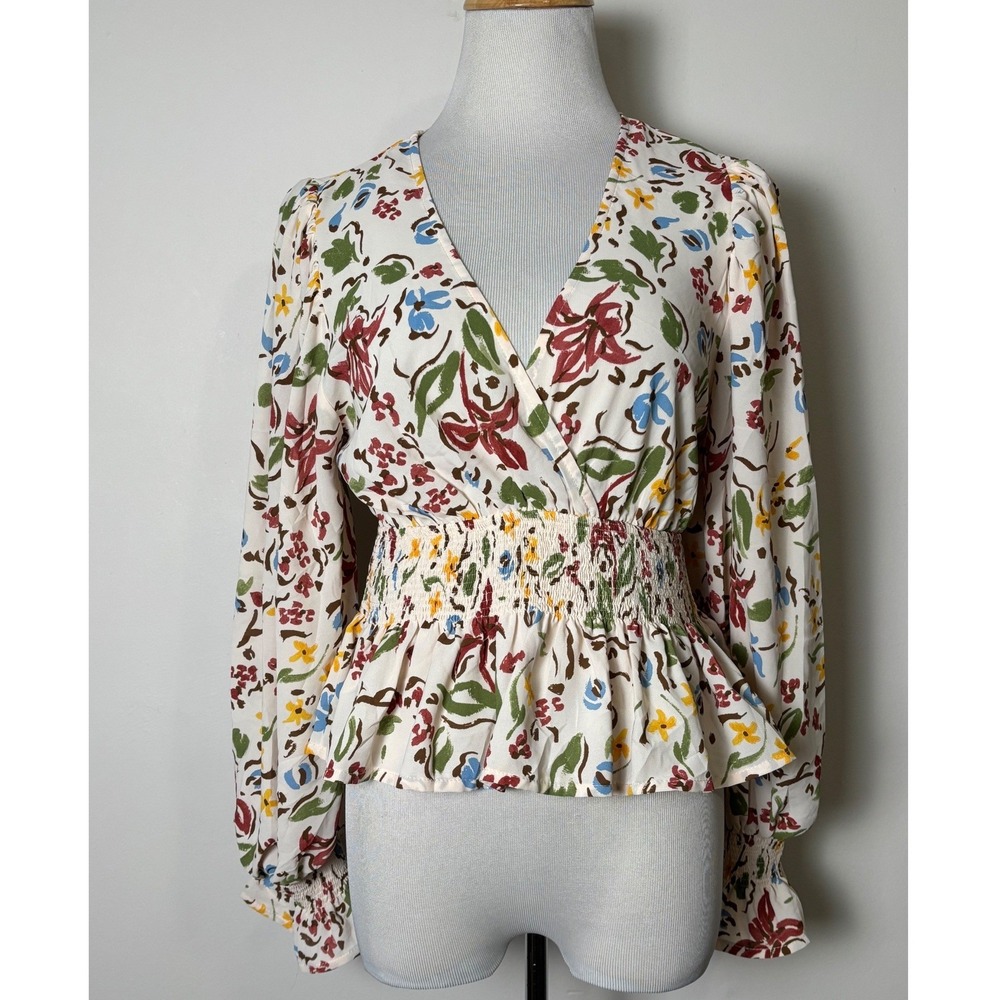 Entro Cottage Floral Smocked V Neck Long Sleeve Blouse Small Boho Festival